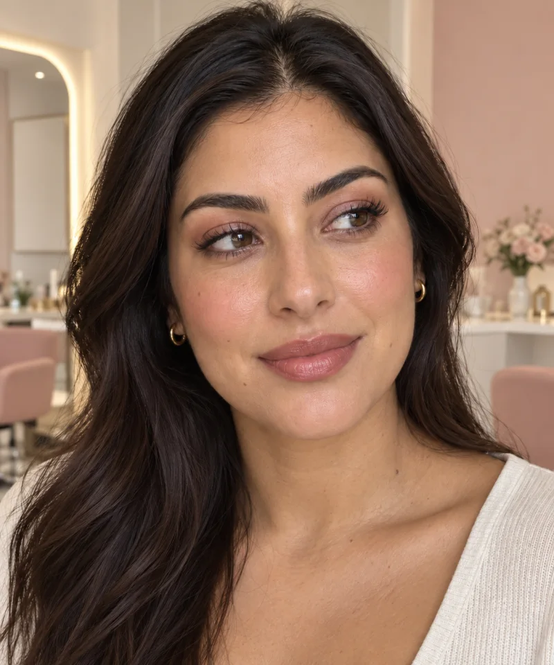 Natural brows and rosy makeup
